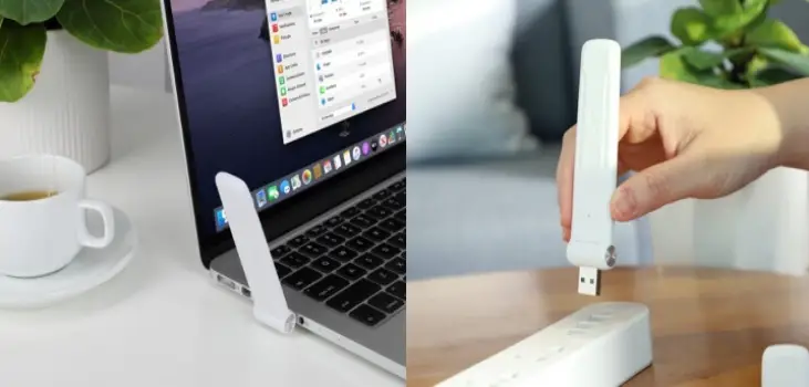 collage of RangeXTD USB being plugged in a laptop and socket